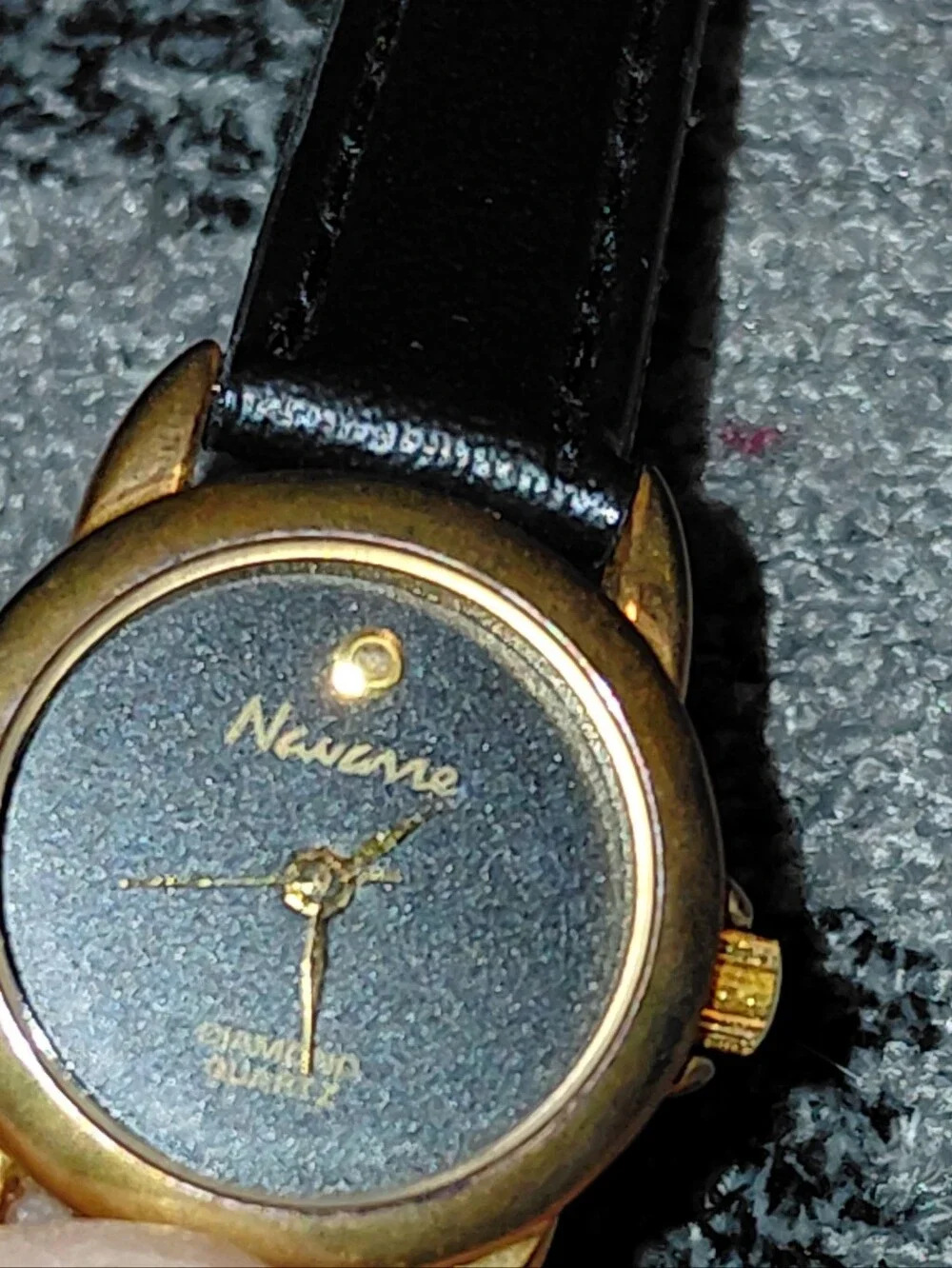 Vintage Navarre Diamond Quartz Watch Black Dial Gold Tone Leather Band CC
